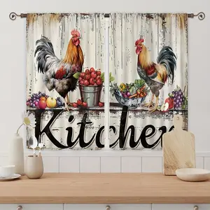 2pcs-Polyester-Rooster Kitchen Curtain Valance Set Retro Country Wood Panel Fruit Print Cafe Office Living Room Bedroom Restaurant Home Decor custom drapery doble layer darkening floral ruffle boho cortina forro space window