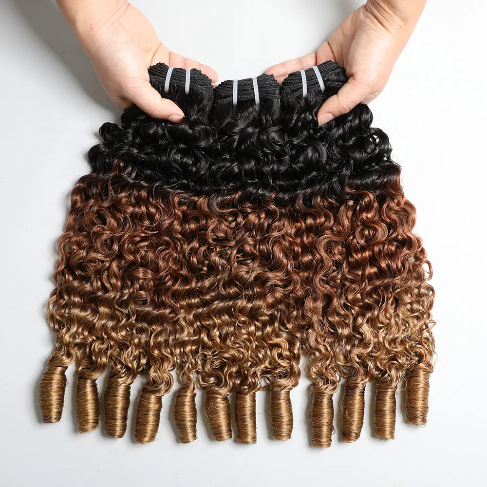 [Belehair] Burmese Curly Human Hair Bundles With Spiral Curly Ends T1B/30/27 Colored Deep Curly Virgin Hair Bundles Deal Ombre Hair 12A Grade High Quality Unprocessed Raw Hair Bundles Extension 95-105g Per Bundle For Women