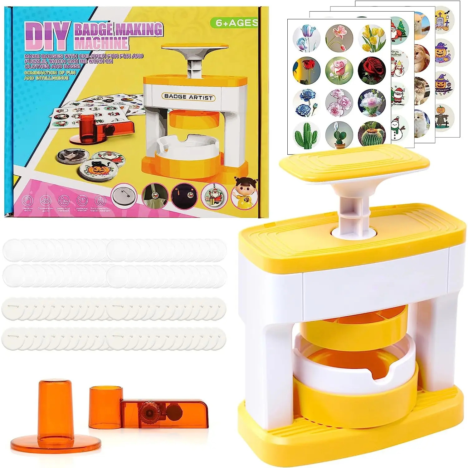 DIY Badge Making Machine, for Crafts, 1 Set Badge Making Kit with Cute Cartoon Patterns, Manual Badge Maker for DIY Button Pins, Badge Decoration