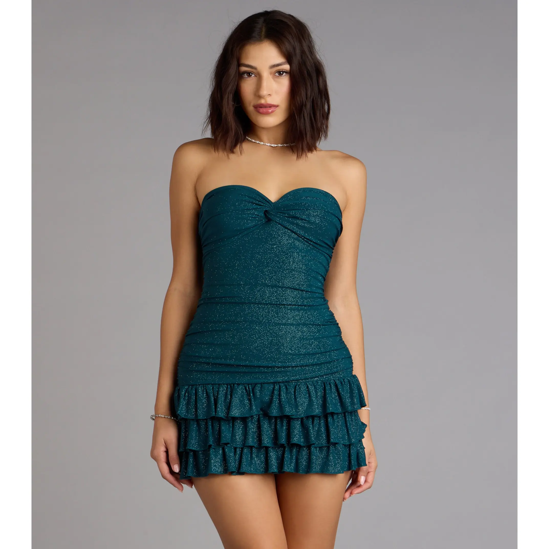 Party Perfect Glitter Knit Strapless Ruffle Mini Dress
