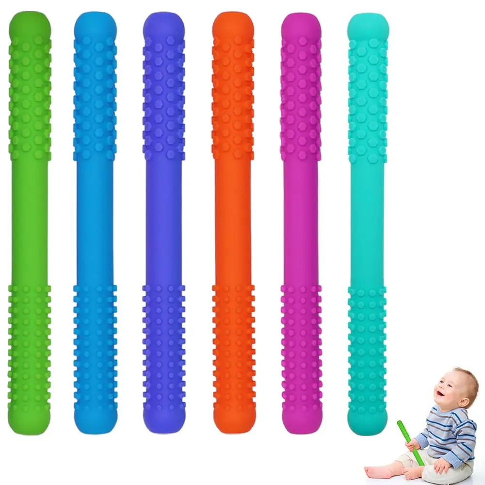 6 Pack Hollow Teether Tube, Silicone Tubes Baby Teether Toys,Chew Straws Toy for 3-12 Months Babies Molars,Teething Relief,BPA Free/Freezable,Dishwasher Safe,Easy to Clean