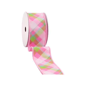 Wired Dupioni Ribbon | Bias Plaid Pink/White w/ Taffeta Fused Back | 10 Yard Roll Spring decor Easter Day decor Valentine’s Day decor wrapping gifts
