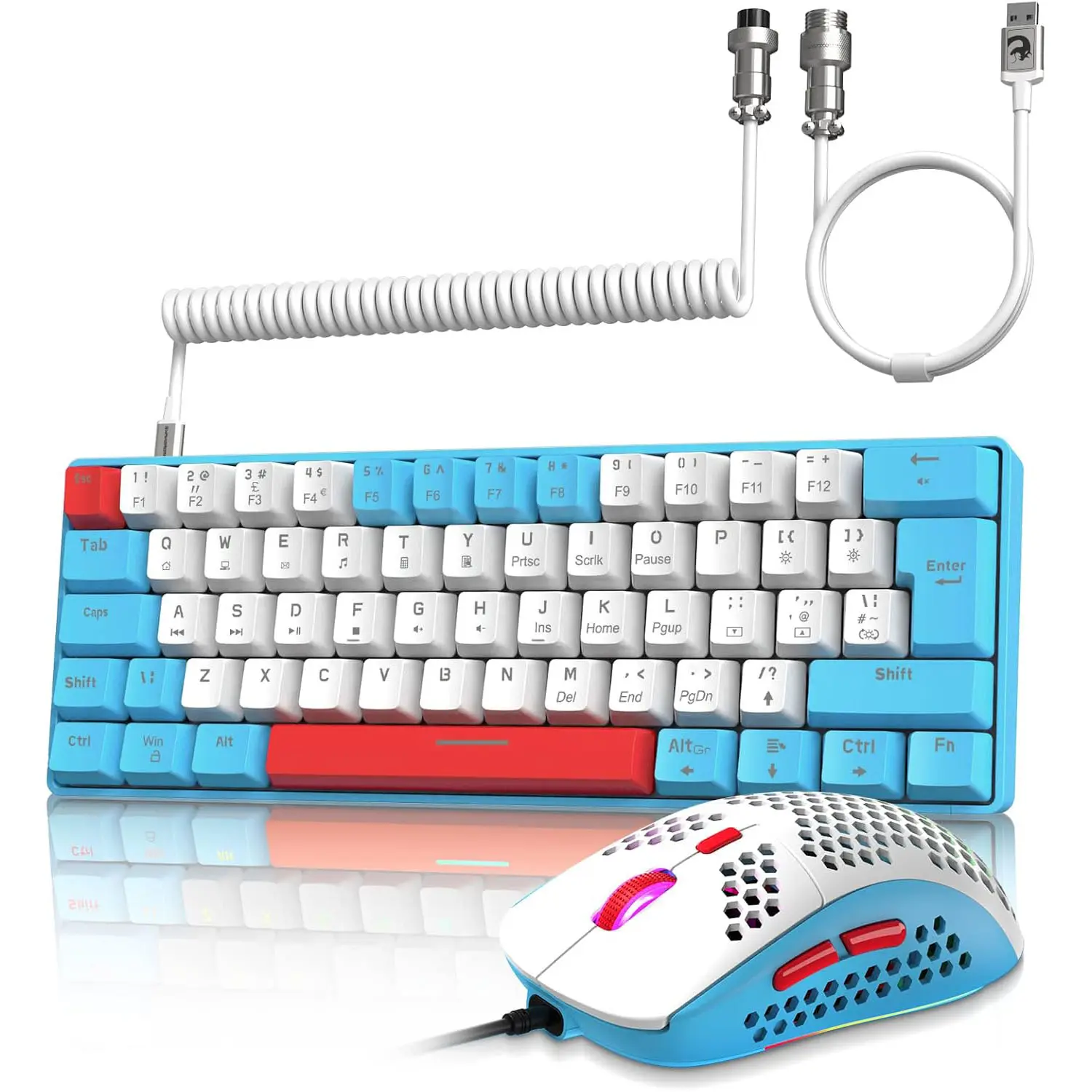 ZIYOU LANG T60 Wired Rainbow Backlit Mechanical Gaming Keyboard and Mouse Combo - 62-Key Compact & Portable Mini, 6400 DPI RGB Honeycomb Mouse, Coiled Aviator C Cable, Fully Customizable Brightness, for PC Gamers, Gaming Setup PC Accessories, Durable Coil
