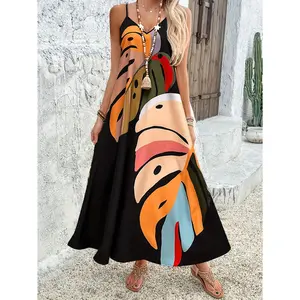 Lightweight Tropical Leaf Print V-Neck Midi Sundress - 100% Polyester A-Line Swing Dress - Casual Vacation Style for Women