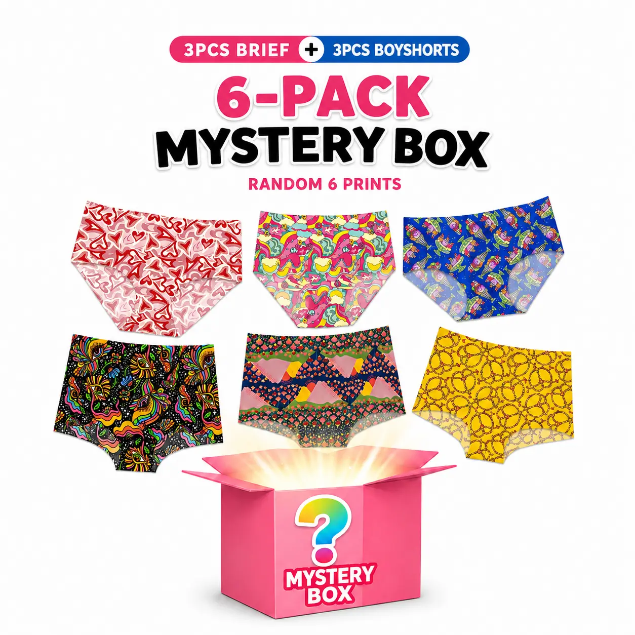 Women’s 6-Pcs Mystery Underwear Surprise Box - 3 Briefs, 3 Boyshorts, Nylon Blend, Seamless No-Show Stretch, Seamless Edge, Graphic Print, Mid Waist, Multi-Size XS–4XL, Random Designs