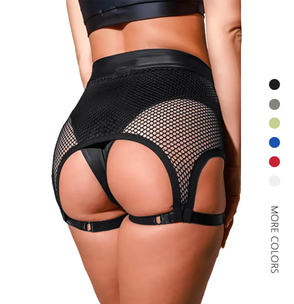 Danedvi Women's High-Waisted Cut-Out Butt-Lifting Shiny Mesh Athletic Shorts - Pull-On Stretchy Athleisure Street Shorts, Plus Size Cutout Bottoms for Pole Dance, Yoga, Statement Festival Wear, Cutout Bottom Shorts