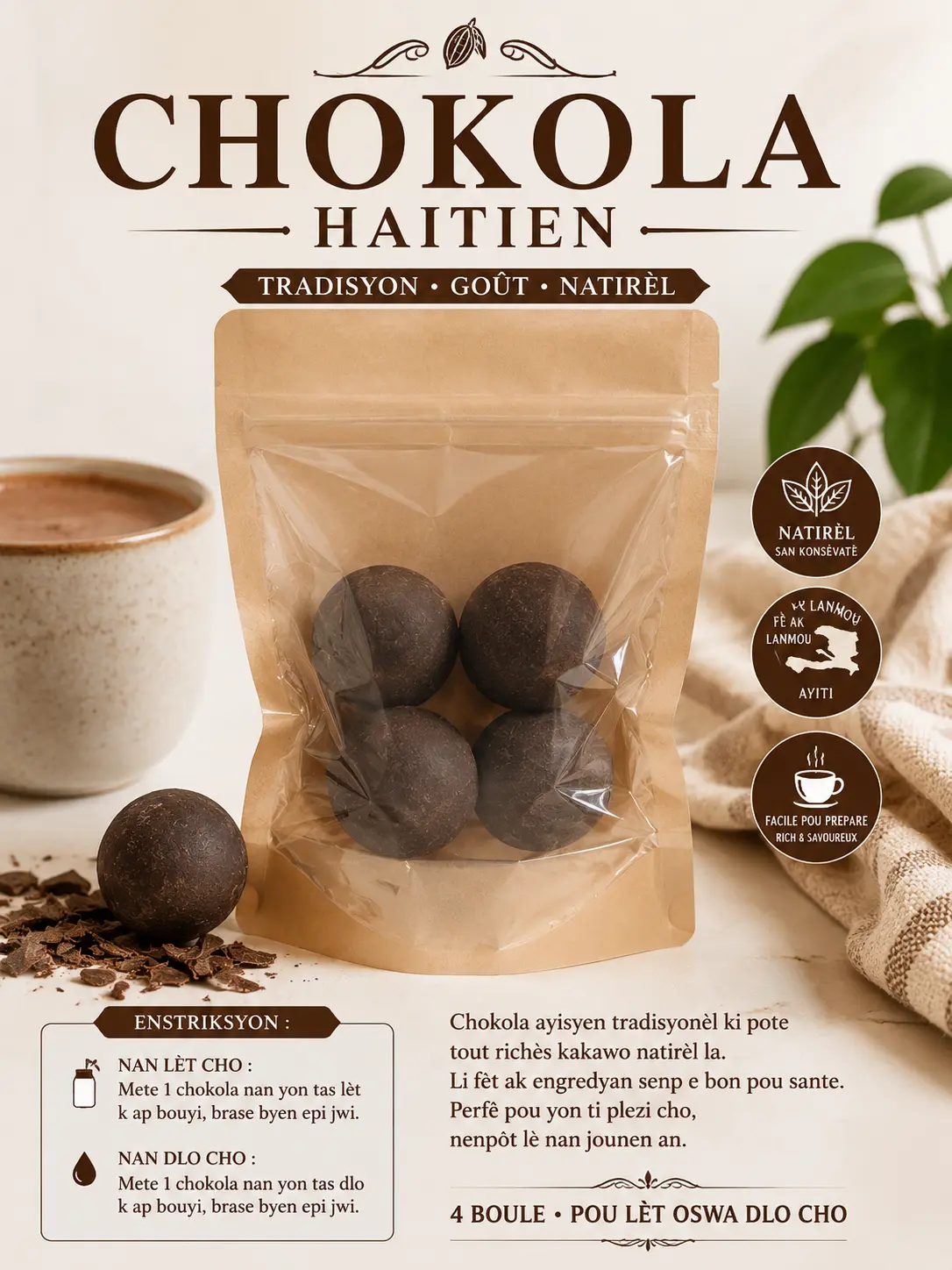 Gout Lakay Haitian Chokola Balls (4 Pieces) – Traditional Haitian Hot Chocolate
