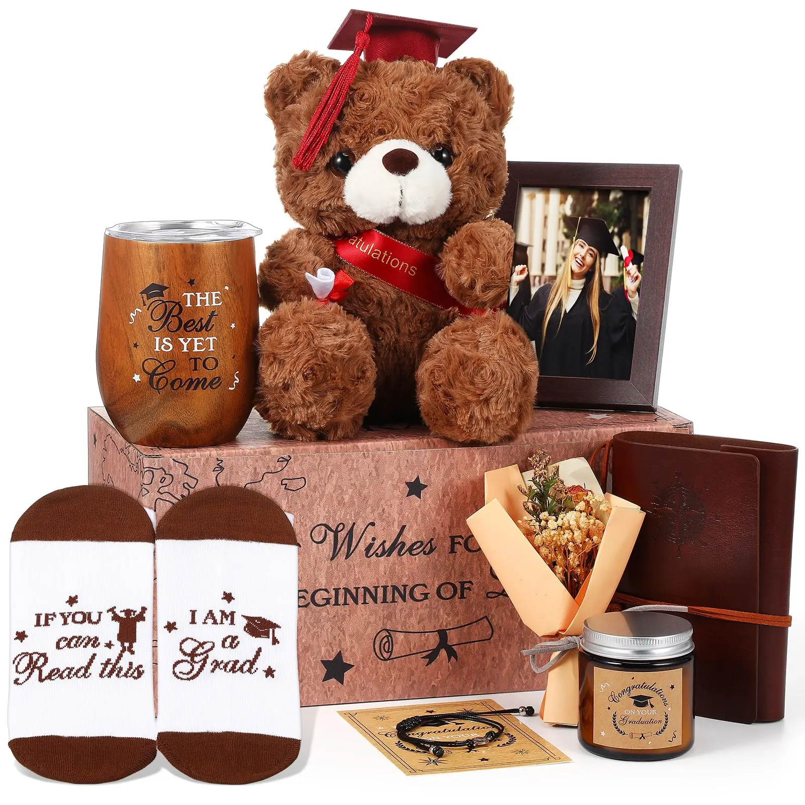 Graduation Bears Gift Set Bears Stuffed Animal with Card Coffee Mug Flower Keychain Graduation Bear Toy Desktop Decoration for School Graduation Party Season Gift Stuffed Bear Gift for Best Friend Classmate Student Class of 2026