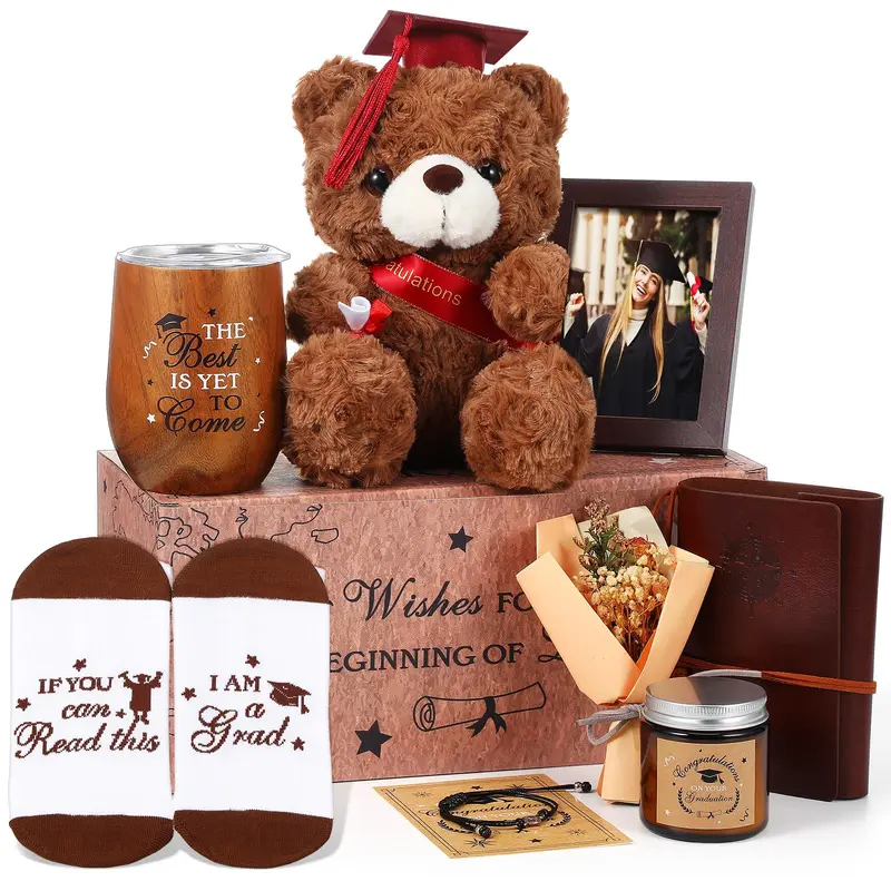 Graduation Bears Gift Set Bears Stuffed Animal with Card Coffee Mug Flower Keychain Graduation Bear Toy Desktop Decoration for School Graduation Party Season Gift Stuffed Bear Gift for Best Friend Classmate Student Class of 2026