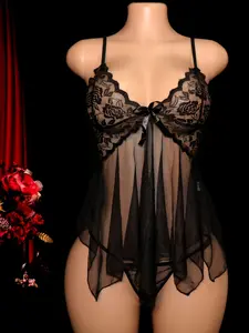 Women's Sexy Floral Lace Chemise Set Sheer Lingerie, Breathable Polyester Mesh Cami Dress, Includes Thong, All Seasons, Thin Fabric, Tight Fit