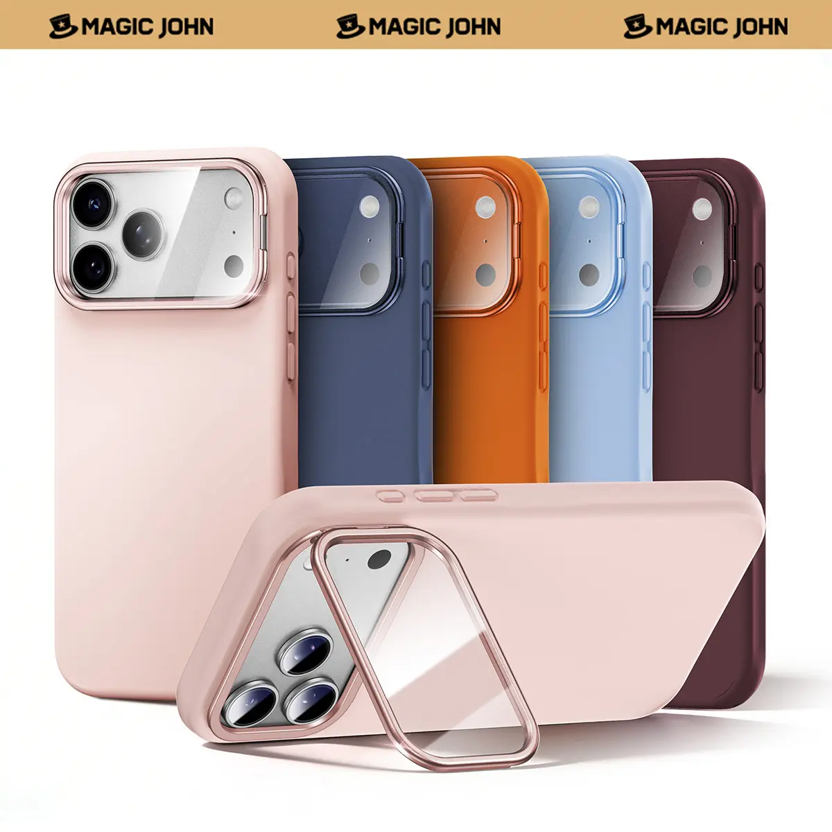 MAGIC JOHN Liquid Silicone Soft-Touch iPhone 17 Pro Max Case - N52 Magnetic MagSafe Compatible Phone Accessory with 180° Adjustable Aluminium Camera Ring Stand, Metal Buttons & Drop Protection