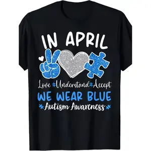 Autism Awareness Month T Shirt Featuring Puzzle Piece and Peace Sign Design in Heavyweight Cotton