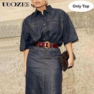 UOOZEE Women's Collared Half-Sleeve Button-Down Loose Lapel Blouse - Women's Clothes, Lady's Basic Casual Top, Soft Polyester-Cotton Blend, Breathable, Slight Fading, Comfortable Fit, Casual Chic Summer Wear (Only Top, Denim Blue)