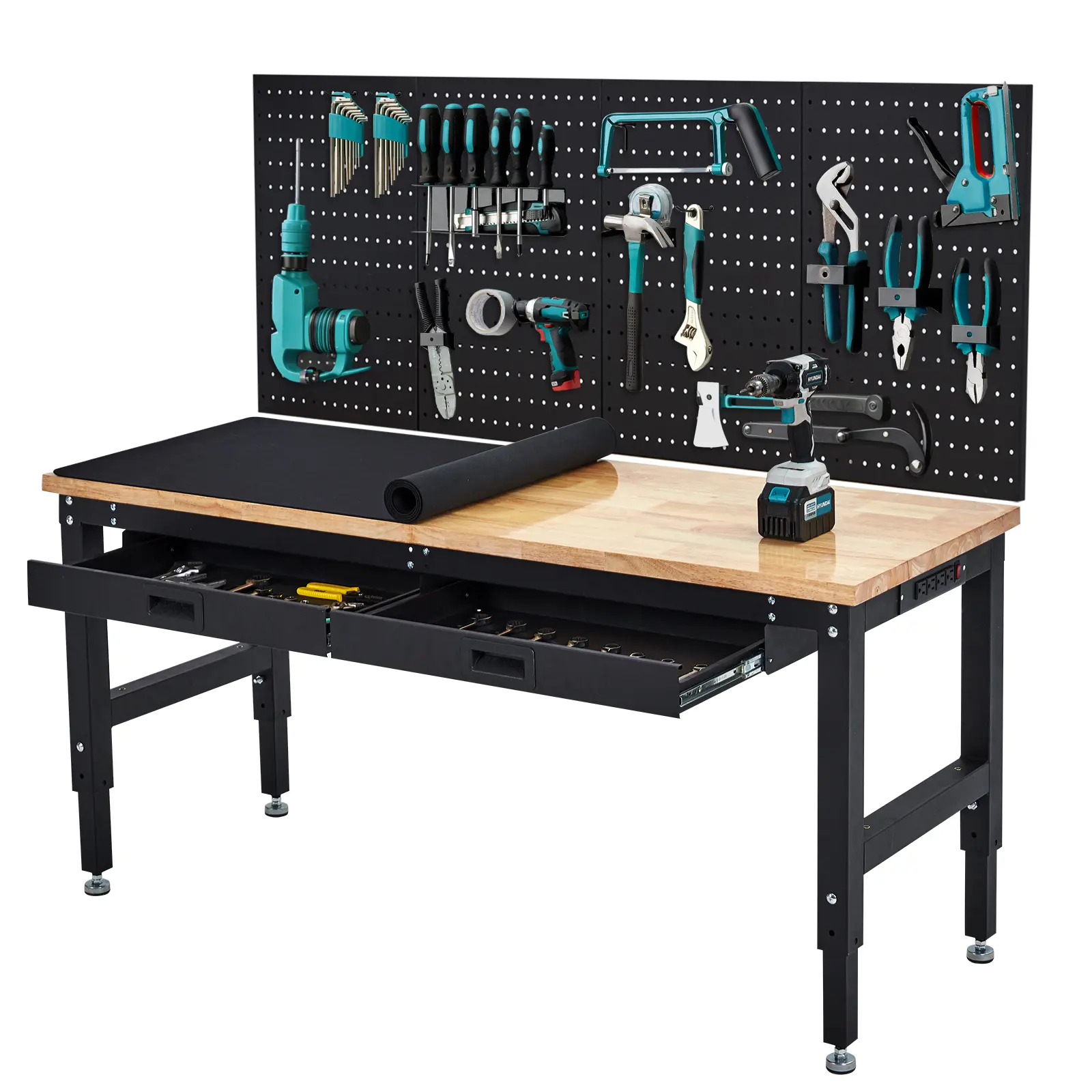 Heavy duty 60 inch garage workbench, 2000 pound capacity workbench with nail board and drawers, adjustable rubber wooden table with power outlet, suitable for workshops, homes, and offices