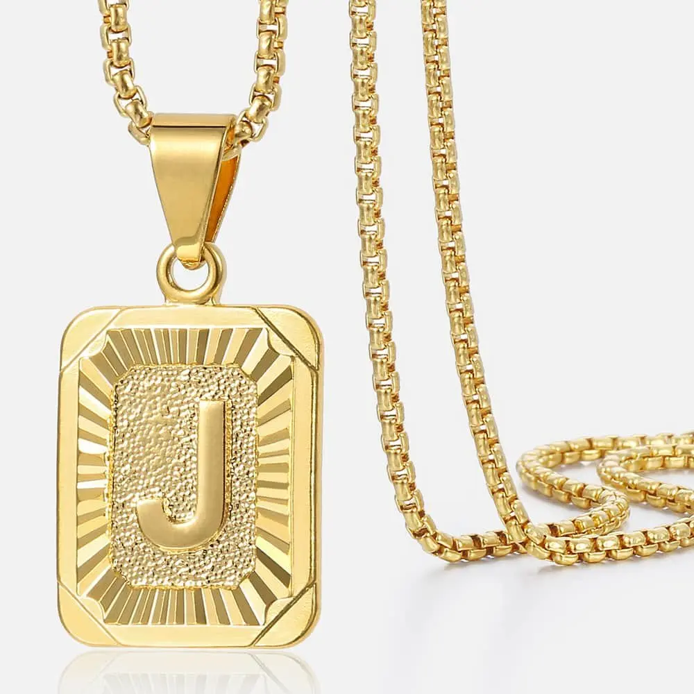 Unisex Initial Letter A-Z Pendant Necklace, 16mm*20mm Yellow Gold Plated Stainless Steel Rectangular Men's Jewelry, 18-24in Box Chain, Birthday Ideas Gift for Swim, Workout