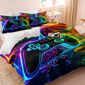 2/3Pcs Neon Game Controller Duvet Cover Set, Complete Set, Gamer Comforter Cover, Cool Gaming Bedding Set No Filler, Soft Breathable Digital Print Neon Game Design Duvet Cover with Pillowcases for Teen Boys Bedroom, Dorm, Game Room