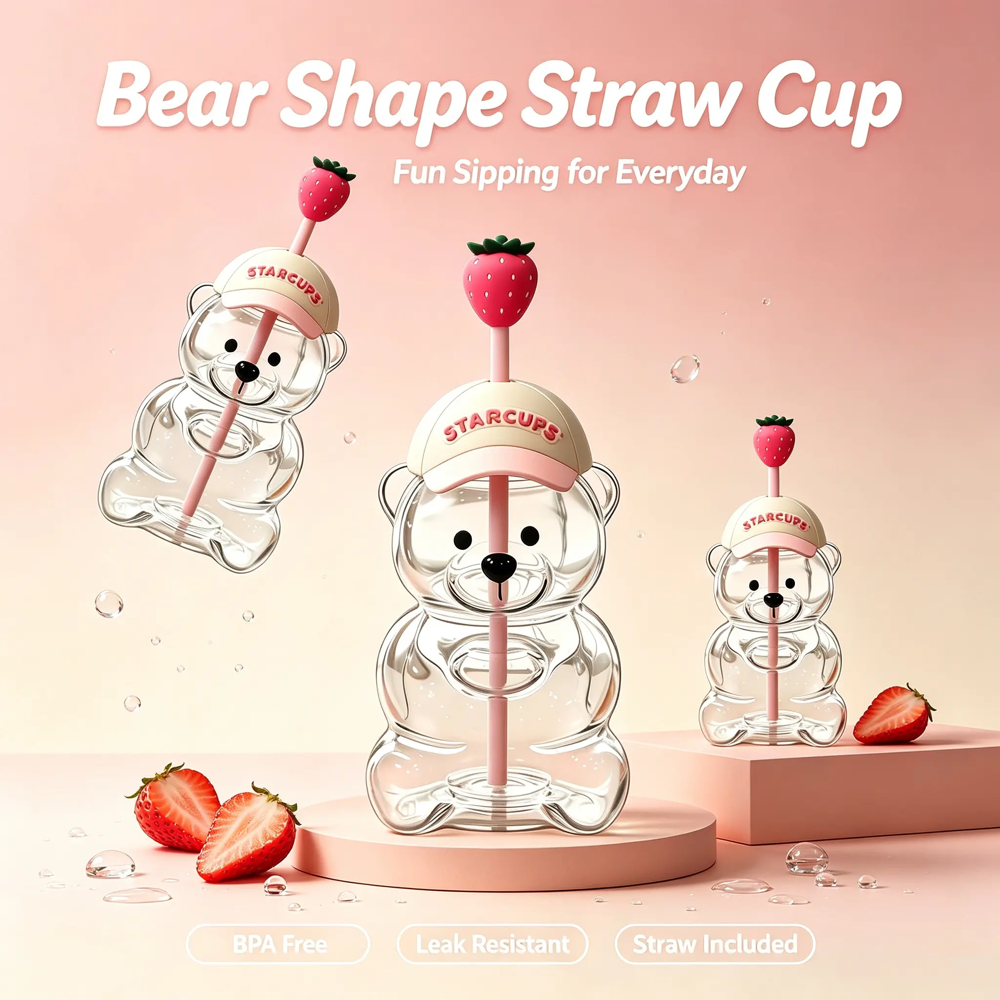 Bear Straw Cup,Clear Strawberry Bear Drinking Glass Bottle with Lid and Straw,22OZ Cute Kawaii Love Bear Glass Bottle for Coffee Juice Milk Tea Smoothies Infused Water,Best Gifts for Family,Friends