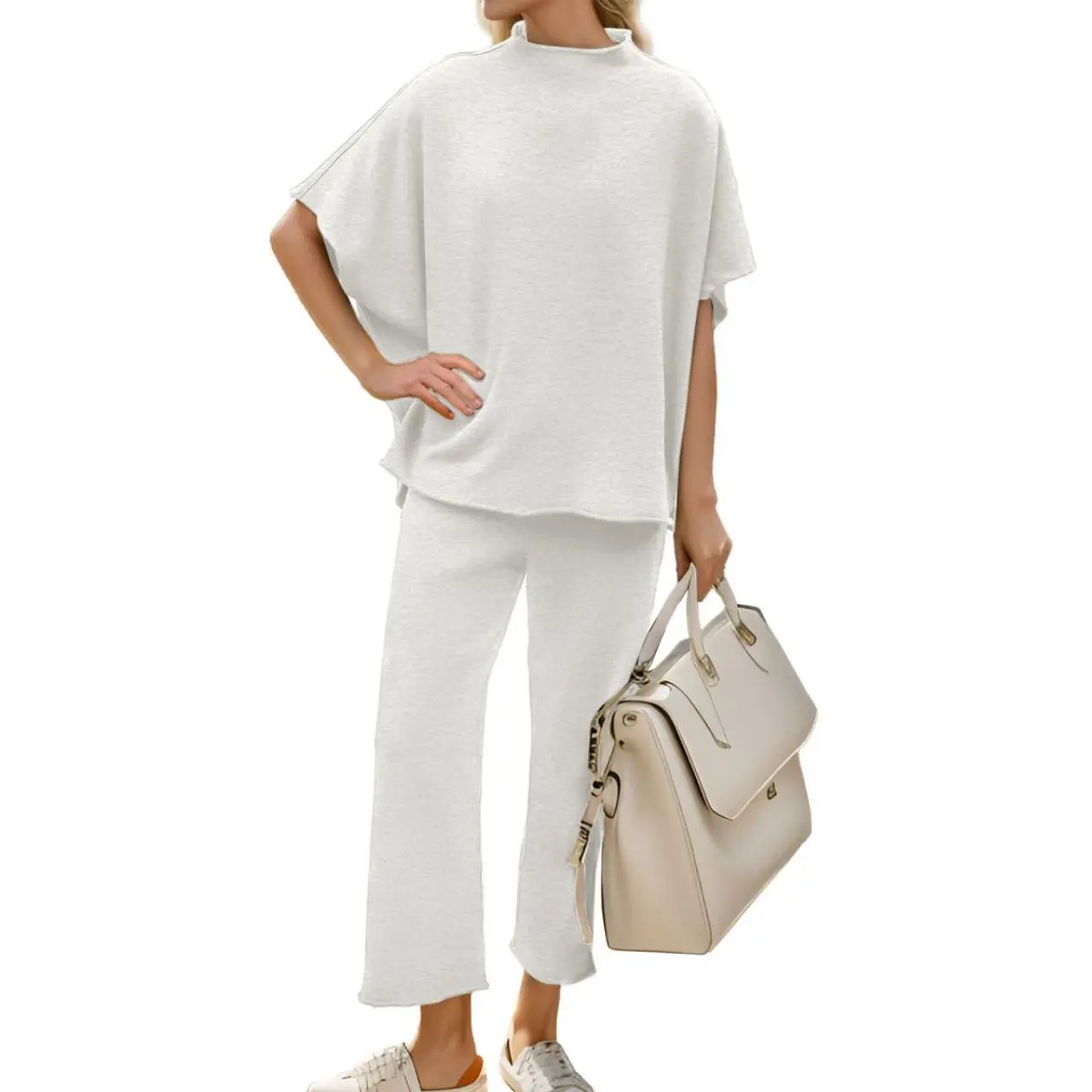 Songling Womens Casual Two Piece Outfits 3/4 Batwing Sleeve Crew Neck Top Wide Leg Pants Raw Edge Design Loungewear Set US Standard Size