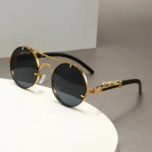 Retro Double Bridge Round Sunglasses – Trendy Men’s Vintage Frame with Wood-Grain Temples, Classic Fashion Eyewear with UV Protection for Daily Wear, Driving, Travel & Street Style