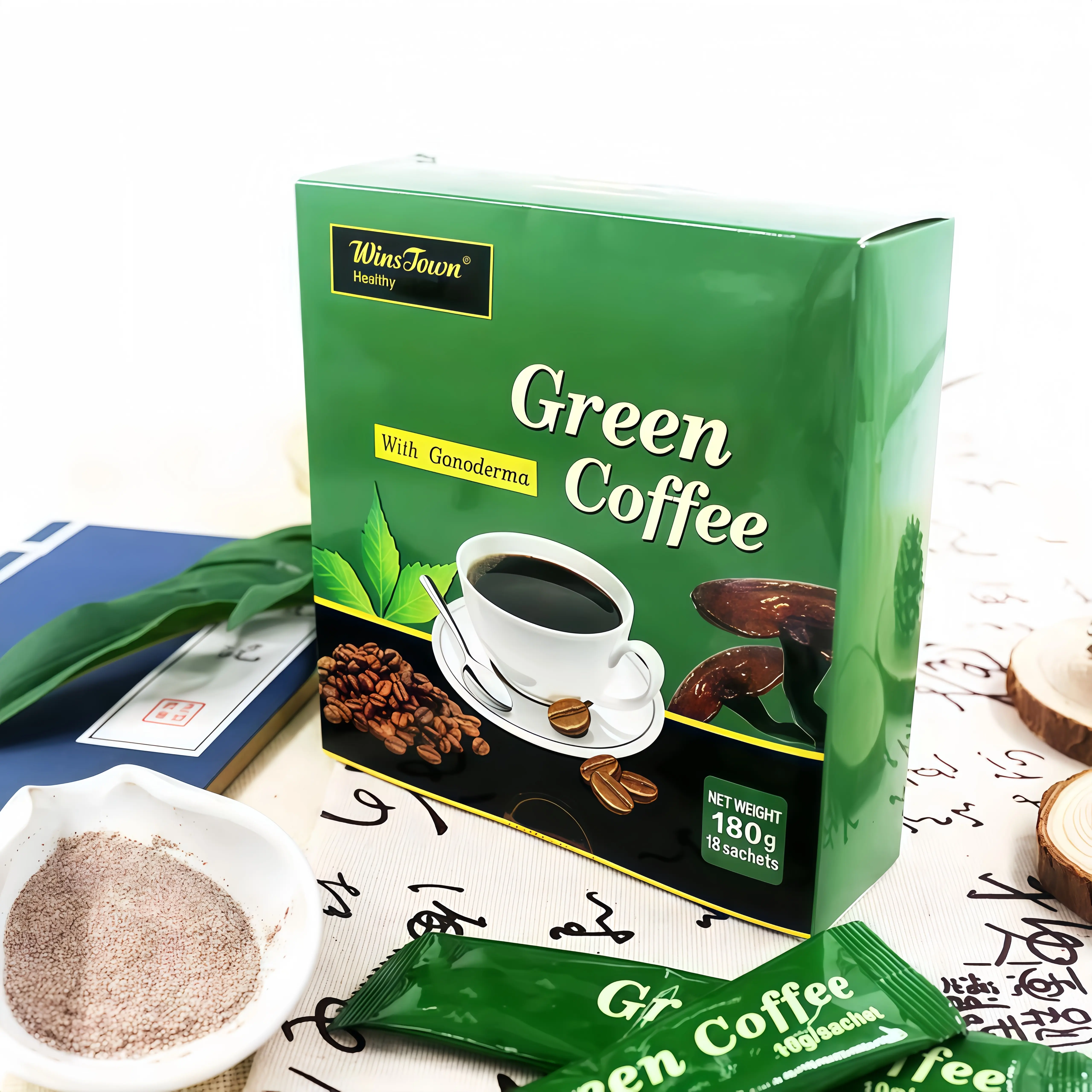 WinsTown Premium Instant Green Coffee Extract Powder 180g, 10 Natural Herbal Blends, Low Fat, Sugar-Free & Gluten-Free Coffee Beverage ,18 Single Serve Sachets