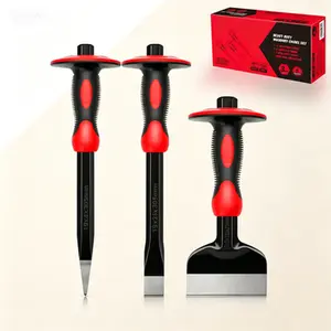 Heavy Duty Stone Chisel Set with Hand Protection, 3 Pcs Rock and Masonry Tools including 11-Inch Point and Flat Chisel, 8-Inch Brick Chisel for Demolition, Reusable, Non-Slip Grip