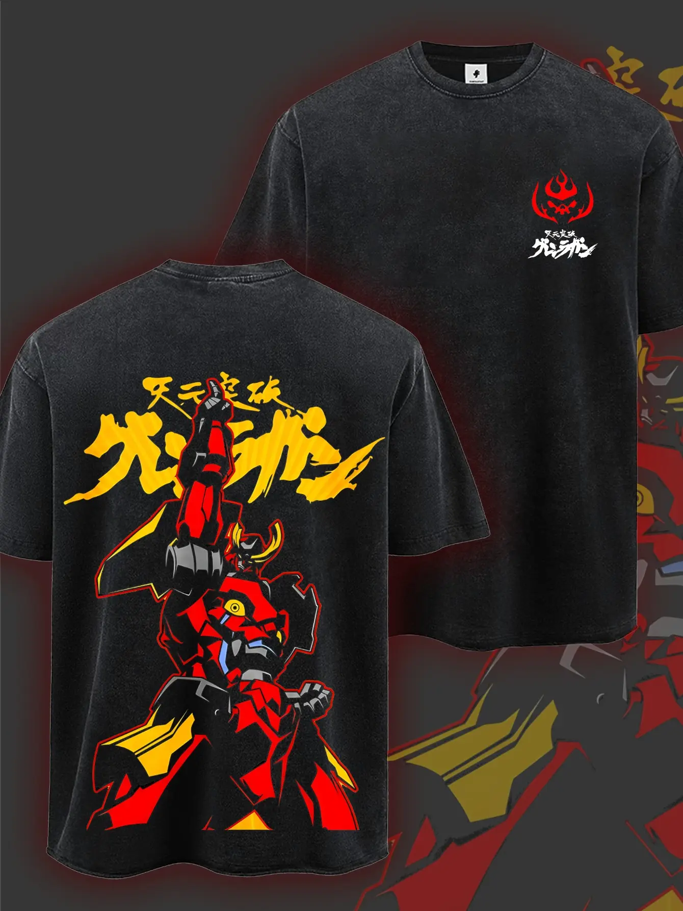Men's Gurren Lagann Graphic T-Shirt, Retro Double-Sided Distressed Print in Heavyweight Soft Washed Fabric, Casual Shortsleeve Streetwear Top for Anime Fans, Tshirt, Menswear, Round Neck, Vintage, Anime Style, Festive