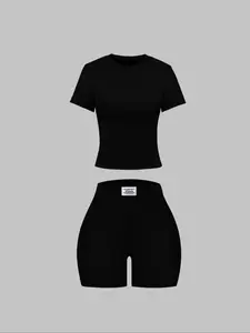 Women's Basic Solid Short Sleeve Tee & Letter Patched Skinny Shorts Set, Casual Two-piece Set for Daily Wear, Ladies Clothes for All Seasons