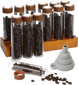 12PCS Single Dose Coffee Bean Storage Tubes Set with Walnut Wood Stand, Collapsible Silicone Funnel & 24 Labels, Espresso Bean Storage Container Holder