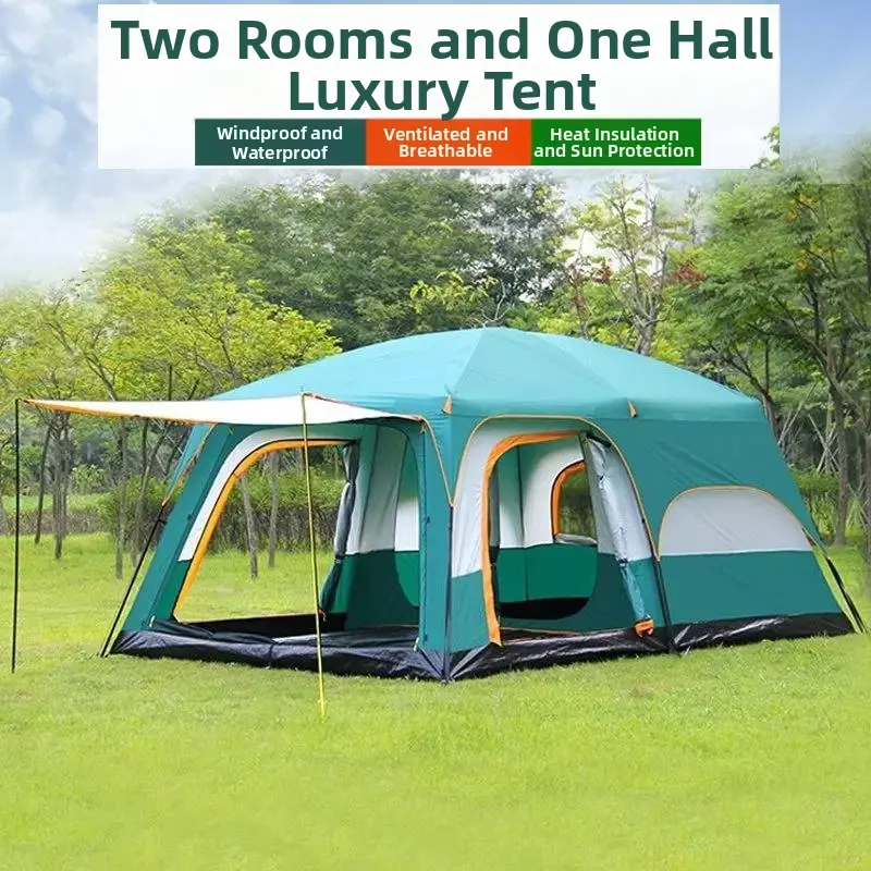 Extra Large 4-6 Person Family Camping Tent – 2 Room Cabin Design, Straight Walls, 2 Doors & 3 Mesh Windows, Waterproof Oxford Polyester, Double Layer, Ideal for Camping, Hiking, Picnics & Family Gatherings