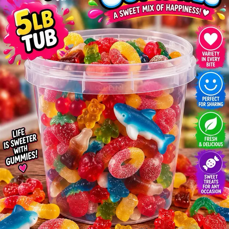 Mixed Gummies, 5lb Bucket of Assorted Fruit-Flavored Chewy Candies for Snacking, Party Treats