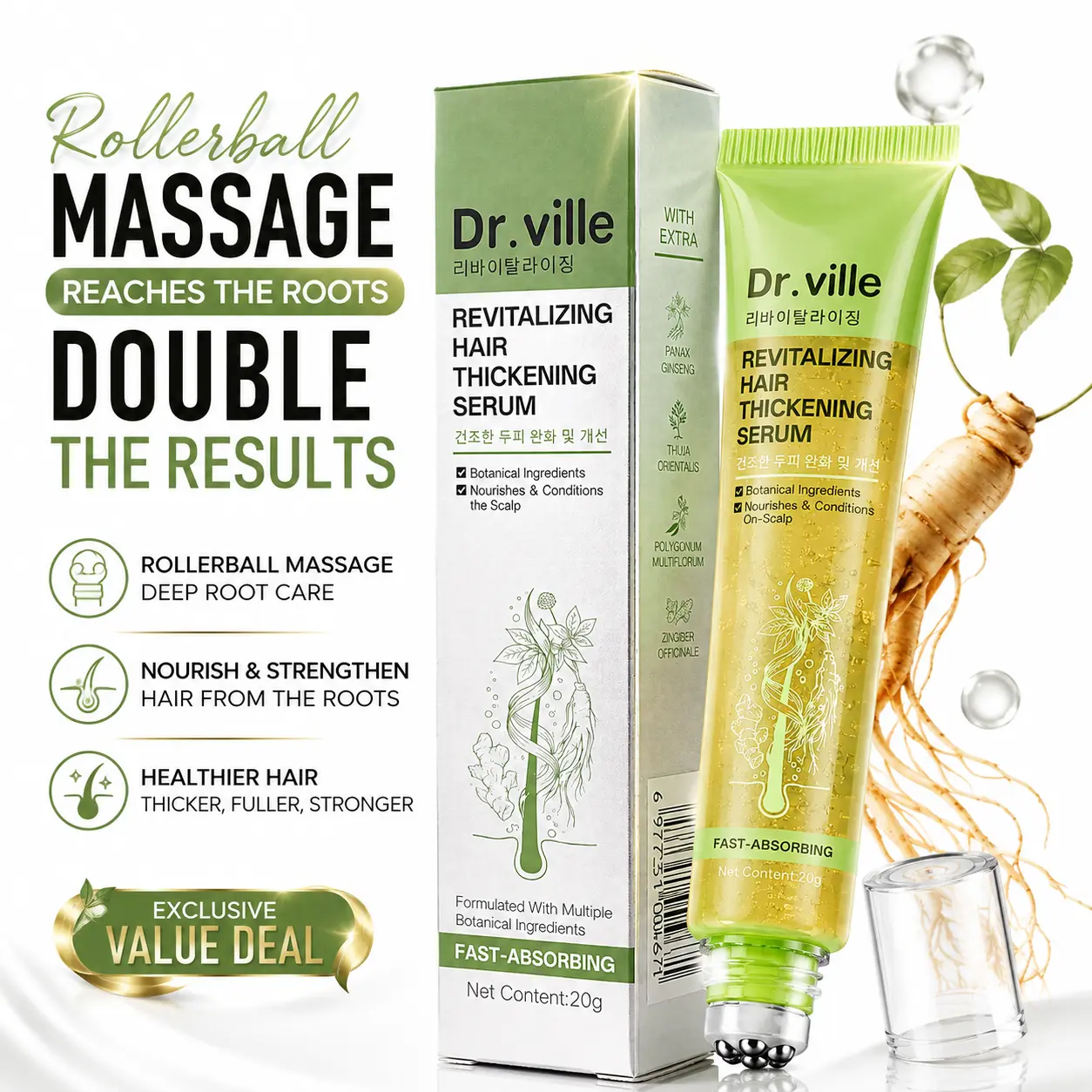 【Cooling Roller Ball Applicator】 Dr.ville Hair Thickening Serum, Revitalizing Scalp Care Essence, Refreshing Non-Sticky Formula, Hydrating Hair Serum for Daily Use-A