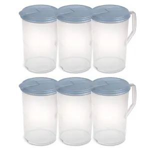 Sterilite 6 Pack 1 Gal Round Pitcher, Flip Lid Drink Dispenser Jug, Washed Blue