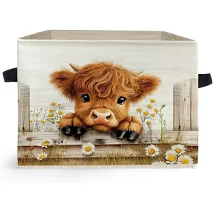 Highland Cow Collapsible Storage Box Bins Rustic Daisy Floral Heifer Storage Basket Organizer for Girls Bedroom Laundry Room Home Clothes Toys Books