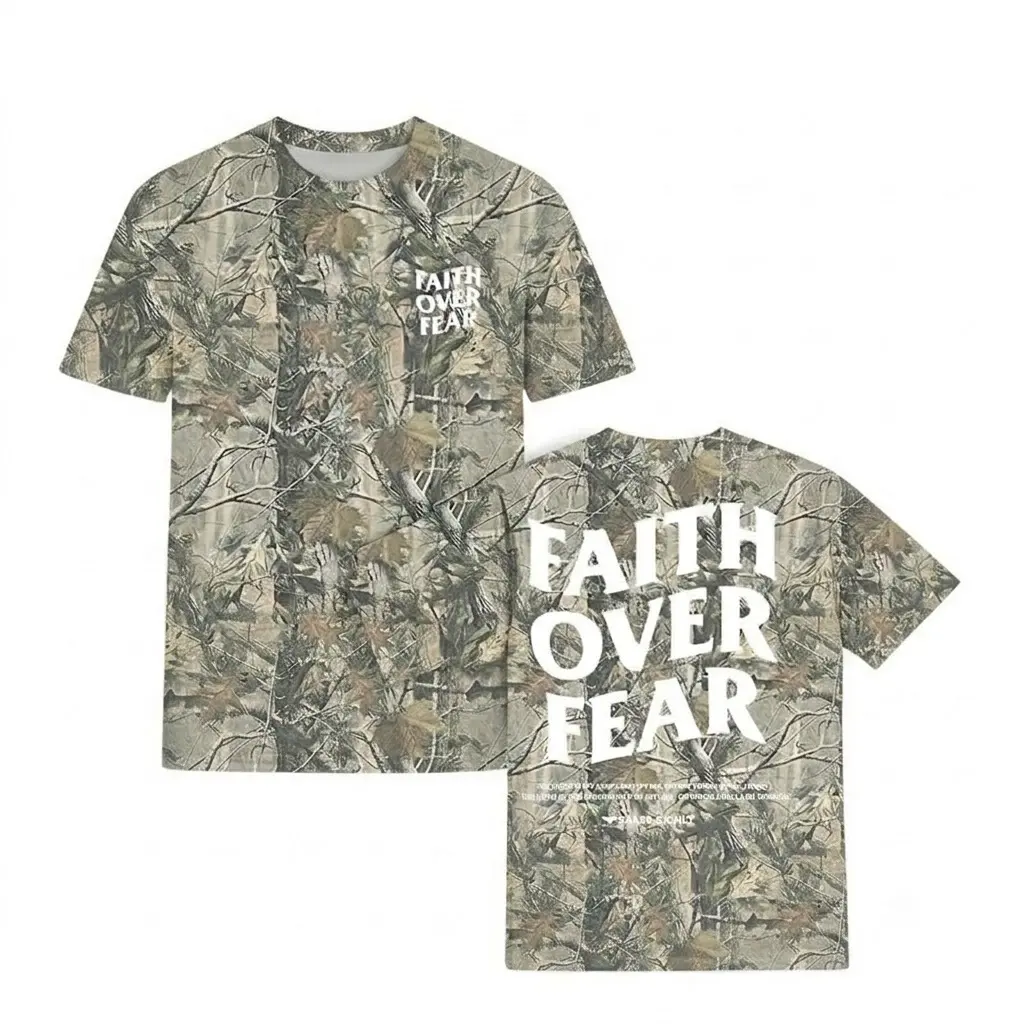 Unisex Faith Over Fear Dead Leaves Camo Print T-shirt, 3D Camo T-Shirt, 3D Camo Style T-Shirt, 3D Camo Shirt