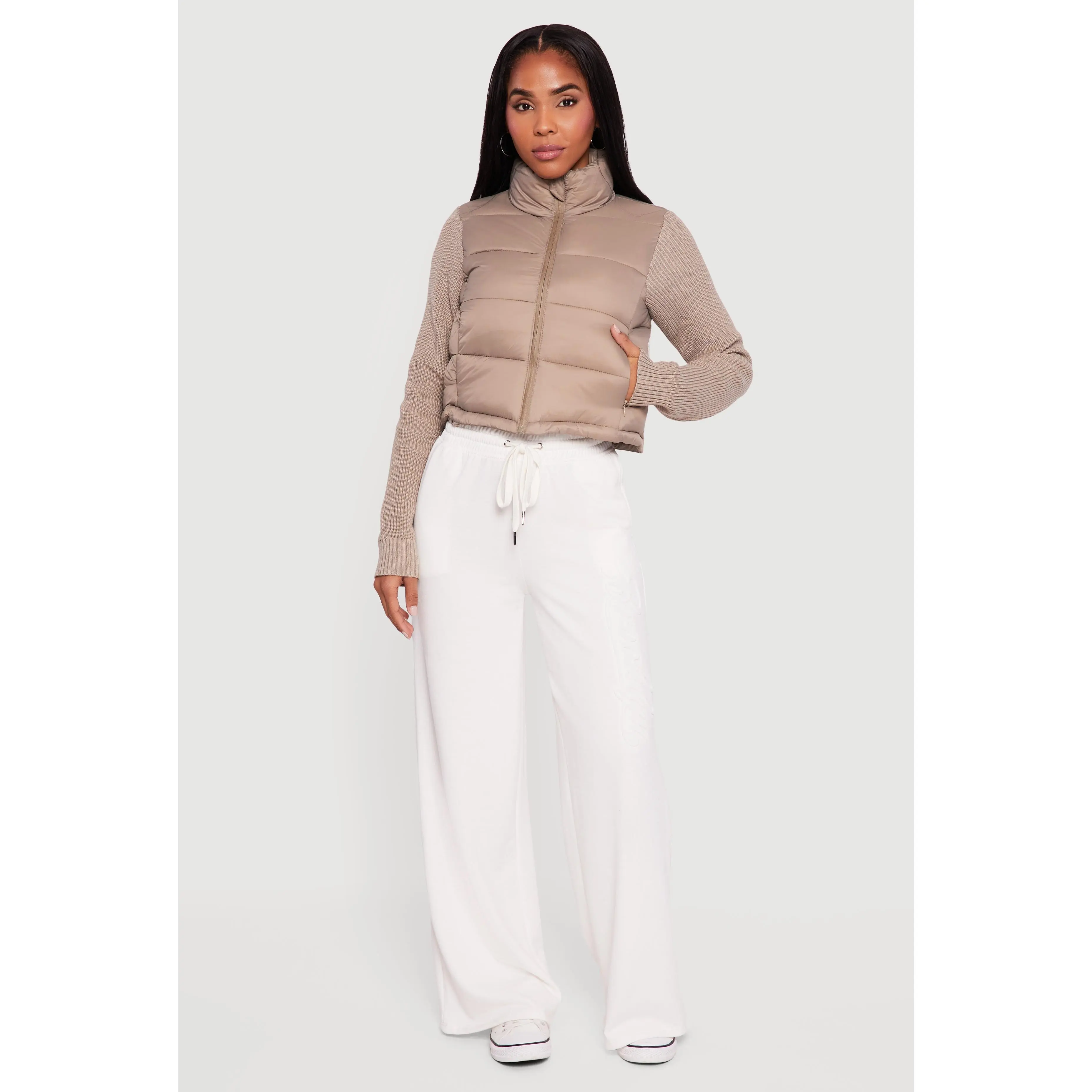 Mock Neck Zip Front Knit Sleeve Puffer Jacket