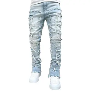 Men Streetwear Hip Hop Stacked Spliced Slim Straight Jeans Pants Male Stylish Motorcycle Biker Denim Trousers