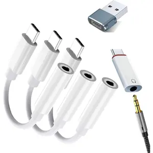 USB C to 3.5mm Audio Adapter, USB C to Headphone Jack Adapter, for iPhone17 16 15 MacBook, Type C Aux Audio Dongle  Cord Compatible. with USB A to C Adapter (White-5Pack)