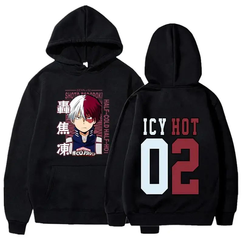 Unisex My Hero Academia Shoto Todoroki Icy-Hot Graphic Hoodie - BNHA Anime, Manga Aesthetic, Boxy Fit Black Sweatshirt, Soft Lightweight Loose Athletic Activewear Streetwear, Anime Fan Gift Top, Casual