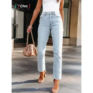 Women’s mid-rise slim straight-leg jeans, high-waisted design, elastic fabric, suitable for all seasons, casual style—perfect for outdoor dates