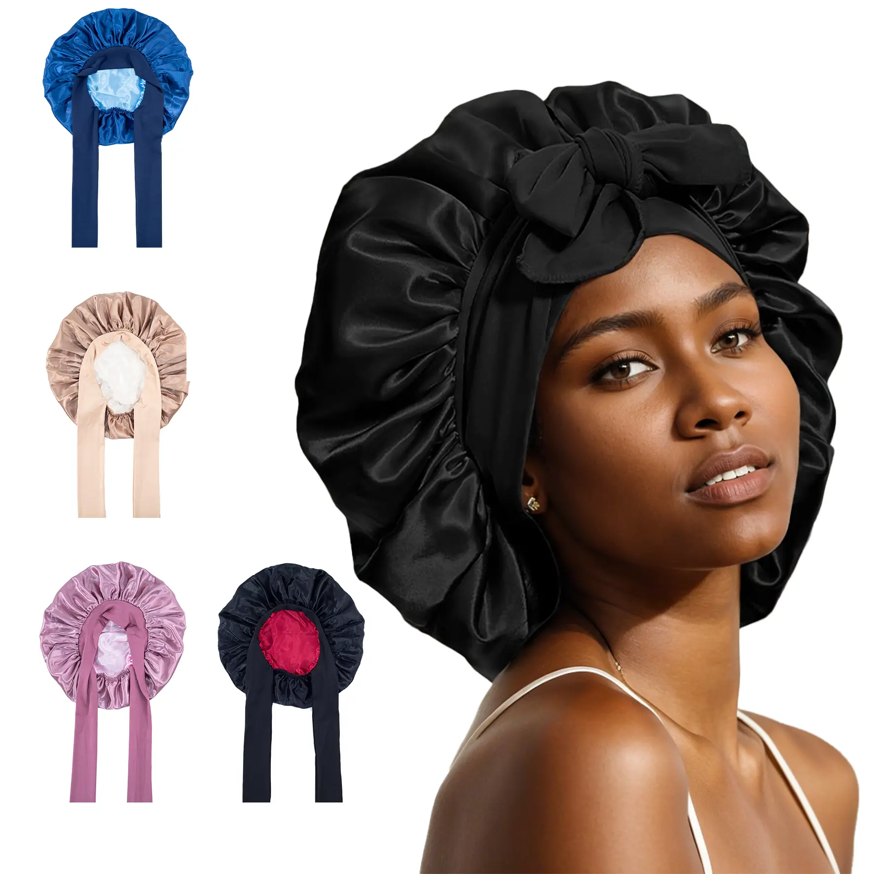 Satin Silk Bonnet Hair Bonnet for Sleeping Double Layer Hair Bonnet with Elastic Tie Band for Women Natural Curly Hair(Pink,black,blue，Brown)