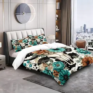 2/3pcs Western Cow Skull Floral Duvet Cover Set, Cow Print Comforter Cover, Soft Microfiber Bedding Set (No Filler), Turquoise Boho Flower Cowboy Decor Bed Set for Western Style Bedroom