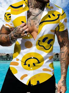 Smiley Face Pattern Men's Short Sleeve Shirt, Summer Casual Trendy Printed Top, Breathable Lapel Shirt