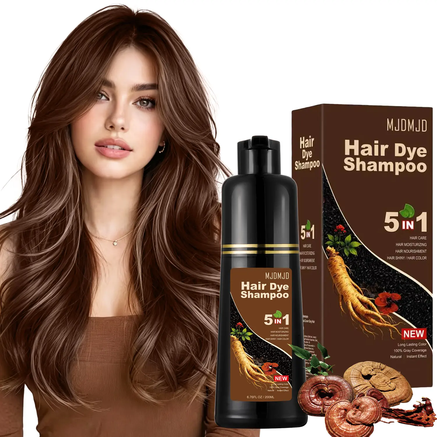 MJDMJD Dark Chocolate Hair Color Shampoo for Hair Care, Herbal Extracts Formula, Ammonia-Free Semi-Permanent Dye, 10-Minute Apply, Gray Coverage & Root Touch-Up, Easy Use for Women & Men, 200ML