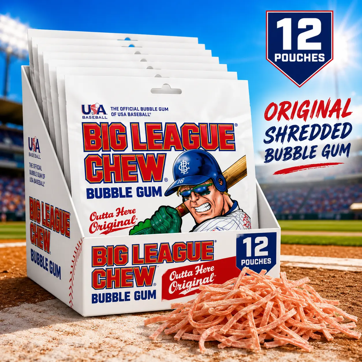 Big League Chew Original Bubble Gum 2.12 oz 12 Count  Classic Shredded Bubble Gum Pouches | Dugout-Inspired Chewing Gum for Sports & Everyday Fun