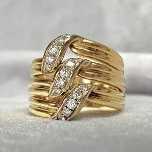 Twisted Multi-band Gold Cubic Zirconia Ring, Geometric Shape with Hand-set Stones, Multi-size Retro Charm & Modern Sparkle for Everyday Elegance, Romantic Occasions, Party Use, Cubiczirconia, Stacking Ring Set, Statement Multi Ring,summerwins