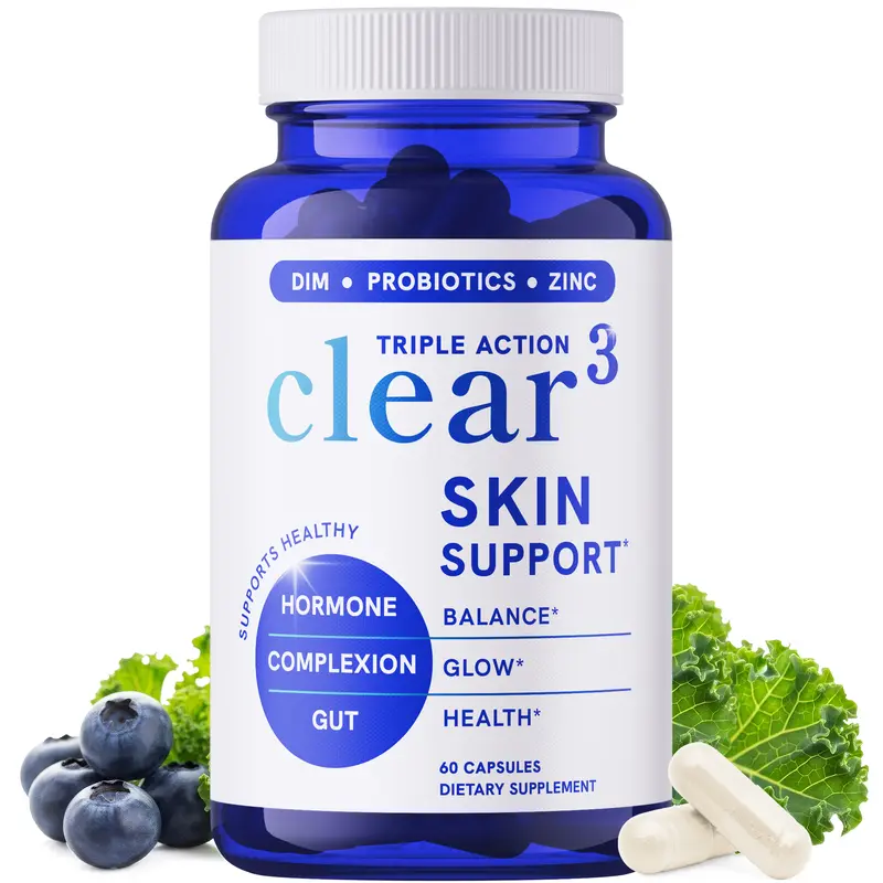 Clear-3 Skin Support by SM Nutrition - Dietary Supplement with Zinc DIM & Probiotics - 3-in-1 Balance & Support with Hyaluronic Acid & Skin Support Vitamins for Hormonal Gut Microbiome Health
