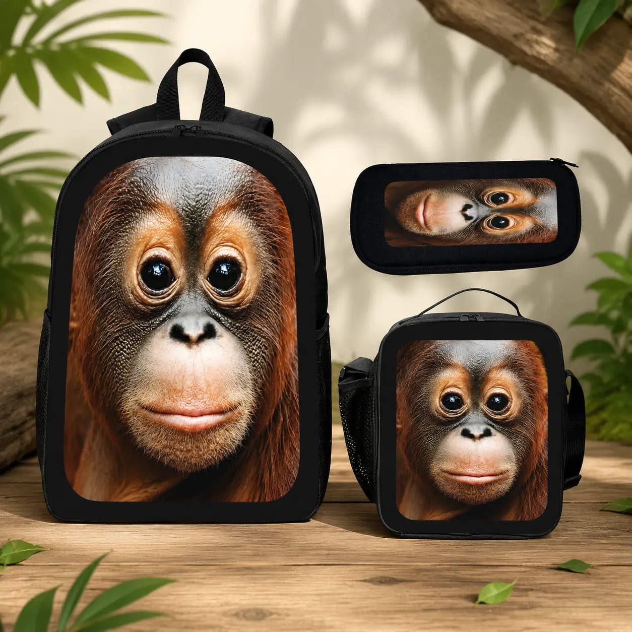 Kids Cute Cartoon Monkey Graphic 3-Piece School Set, 17-inch Lightweight Backpack with Lunch Bag & Pencil Case, Adjustable Straps, No Wheels, Padded Strap, Complete 3-Piece Set, Monkey-1, School Look