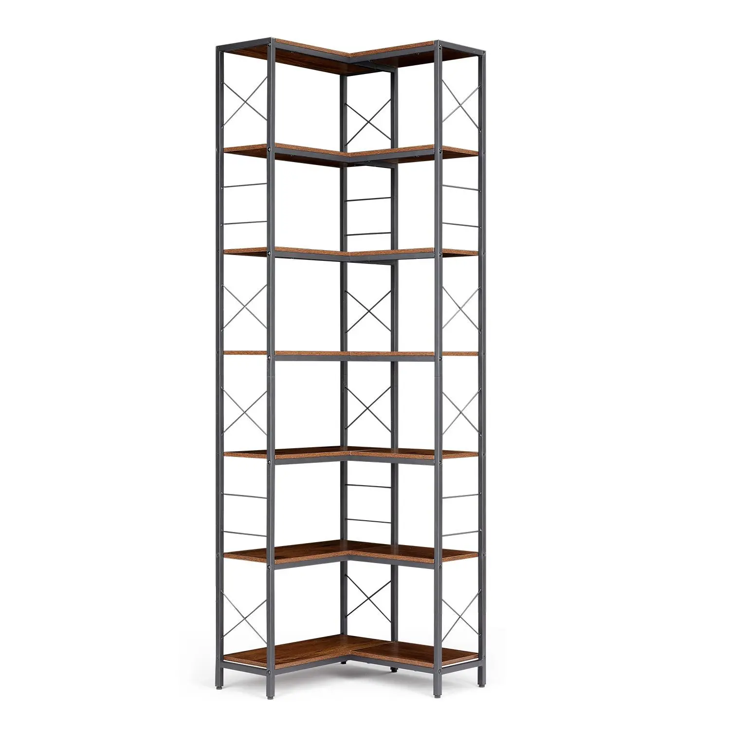 Garvee 7-Tier Industrial Corner Bookshelf – L-Shaped Metal & Wood, Adjustable Feet, Space-Saving Display Rack for Living Room, Home Office, Kitchen, Brown