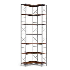 Garvee 7-Tier Industrial Corner Bookshelf – L-Shaped Metal & Wood, Adjustable Feet, Space-Saving Display Rack for Living Room, Home Office, Kitchen, Brown