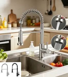 Modern Kitchen Faucet with Pull Down Sprayer Brushed Nickel Single Handle Compact Design Suitable for 1 or 3 Holes Fixtures